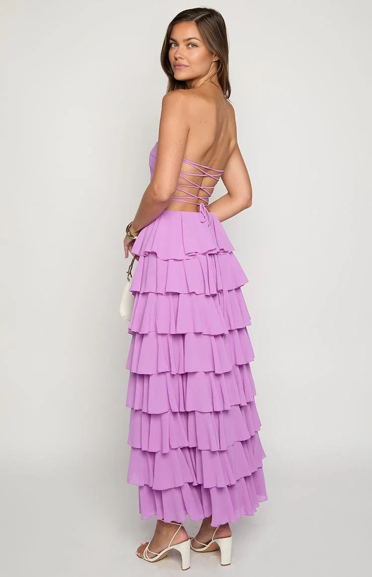 Romantic Tiered Strapless Lace - Up Back Floor Length Prom Dresses