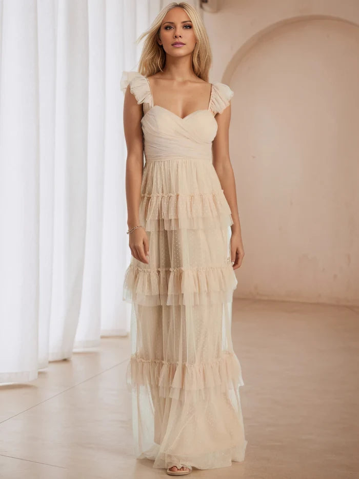 Romantic Tiered Sweetheart Neck Ruffled Strap Open Back Long Length Prom Dresses