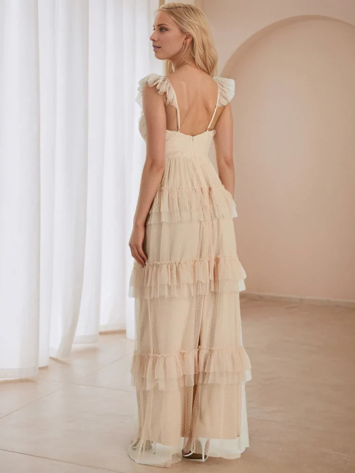 Romantic Tiered Sweetheart Neck Ruffled Strap Open Back Long Length Prom Dresses