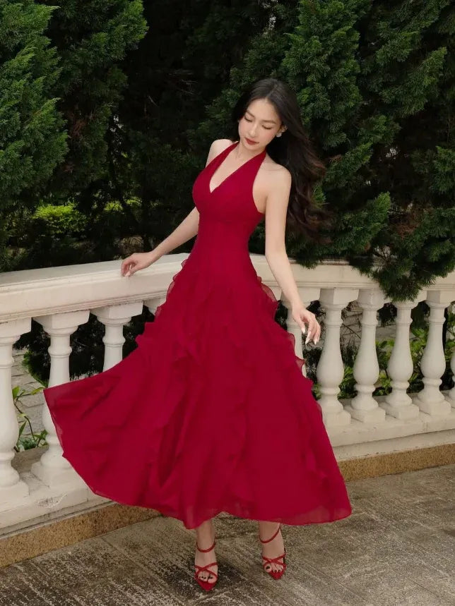 Romantic A-Line Halter-Neck Tiered Ruffled Floor-Length Prom Dresses