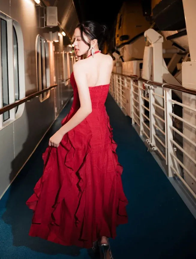 Romantic A-Line Halter-Neck Tiered Ruffled Floor-Length Prom Dresses