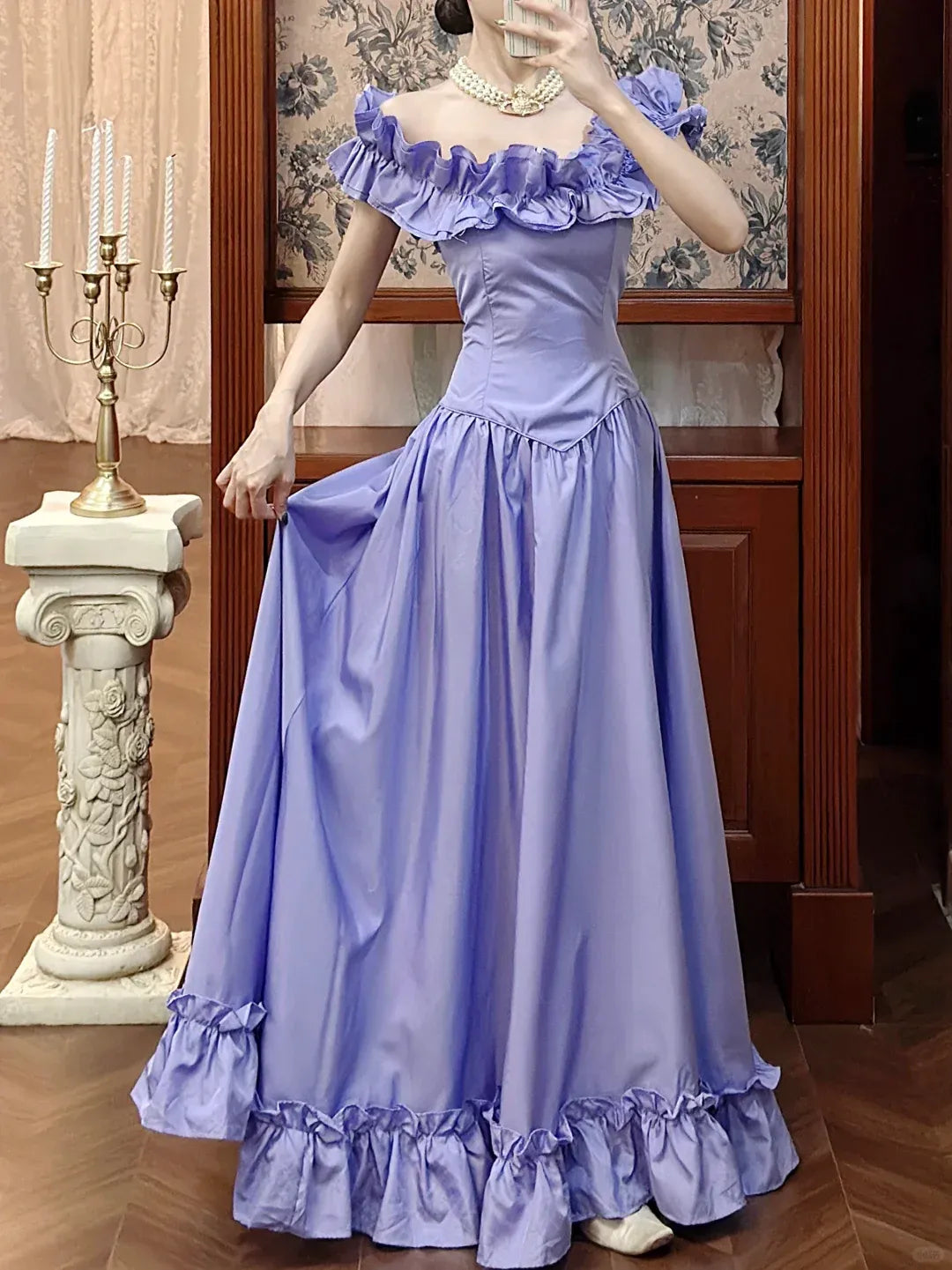 Romantic A-Line Off-the-Shoulder Ruffled Floor-Length Prom Dresses