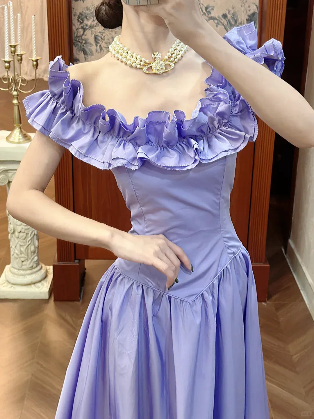 Romantic A-Line Off-the-Shoulder Ruffled Floor-Length Prom Dresses