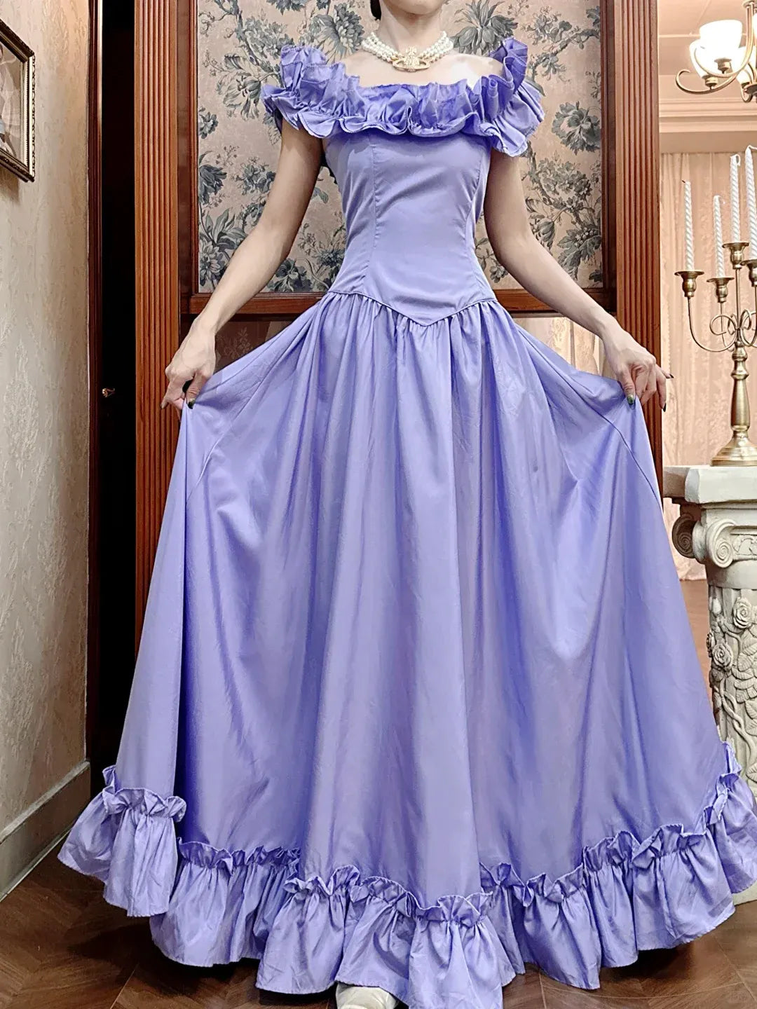 Romantic A-Line Off-the-Shoulder Ruffled Floor-Length Prom Dresses