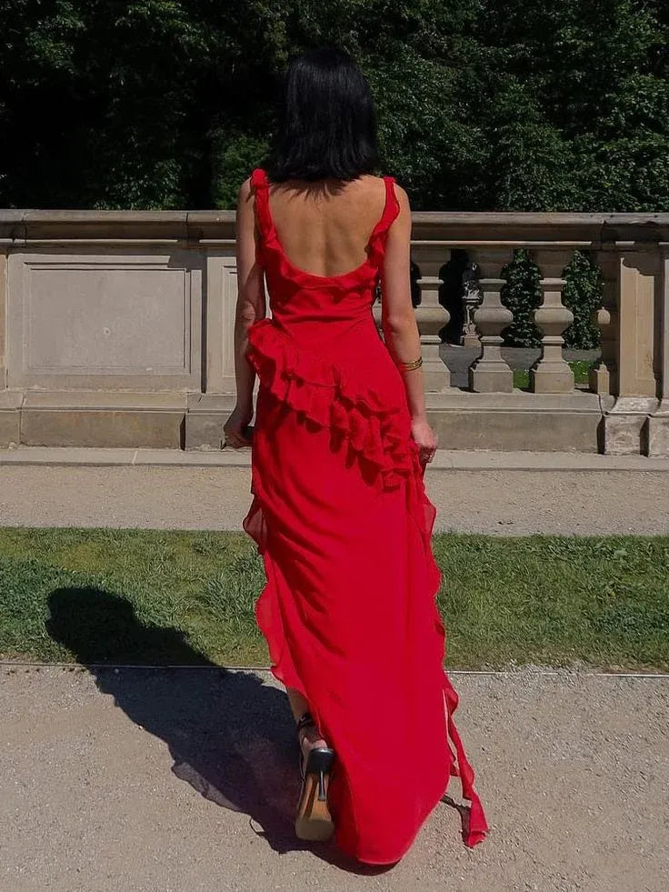 Romantic A-Line Ruffled High-Low Scarlet Red Chiffon Gown
