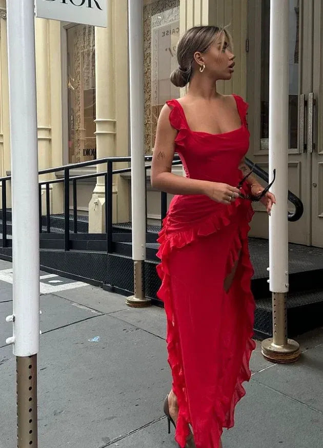 Romantic A-Line Ruffled High-Low Scarlet Red Chiffon Gown