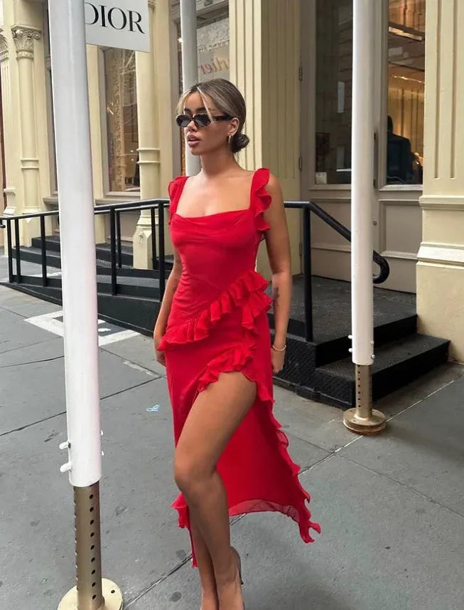 Romantic A-Line Ruffled High-Low Scarlet Red Chiffon Gown