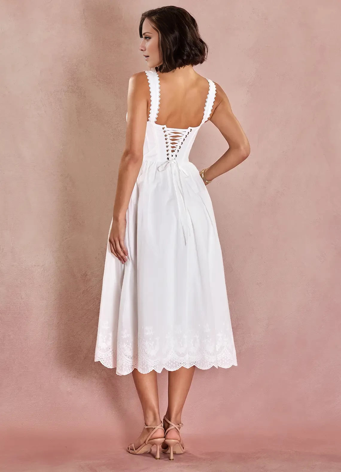 Romantic A-Line Scoop Neck Sleeveless Lace Up Back Tea-Length evening dress