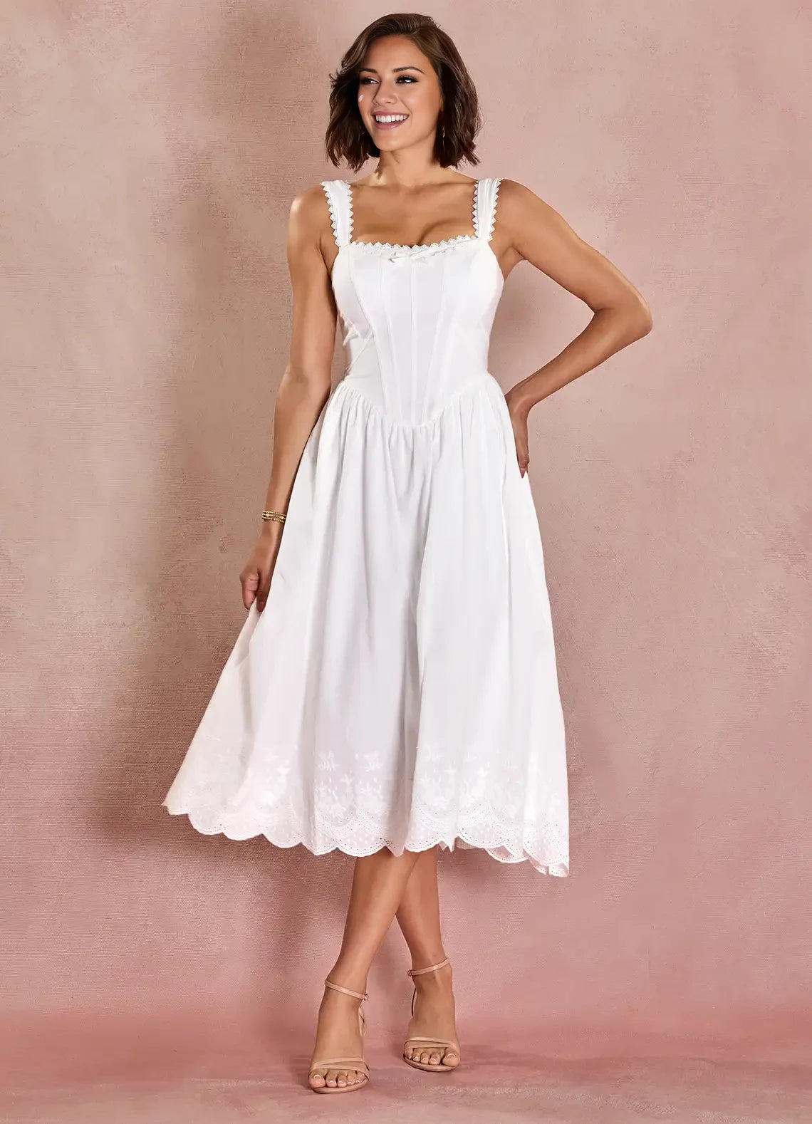 Romantic A-Line Scoop Neck Sleeveless Lace Up Back Tea-Length evening dress