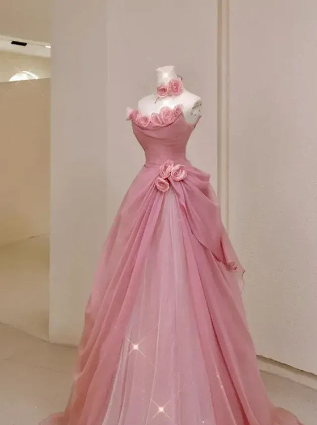 Romantic A-Line Strapless 3D-Floral Blush-Pink Organza Prom Dresses