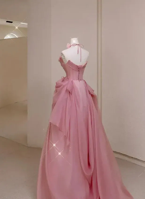 Romantic A-Line Strapless 3D-Floral Blush-Pink Organza Prom Dresses