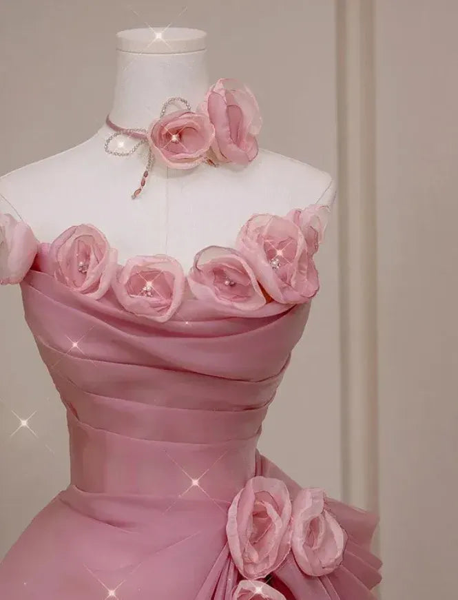 Romantic A-Line Strapless 3D-Floral Blush-Pink Organza Prom Dresses
