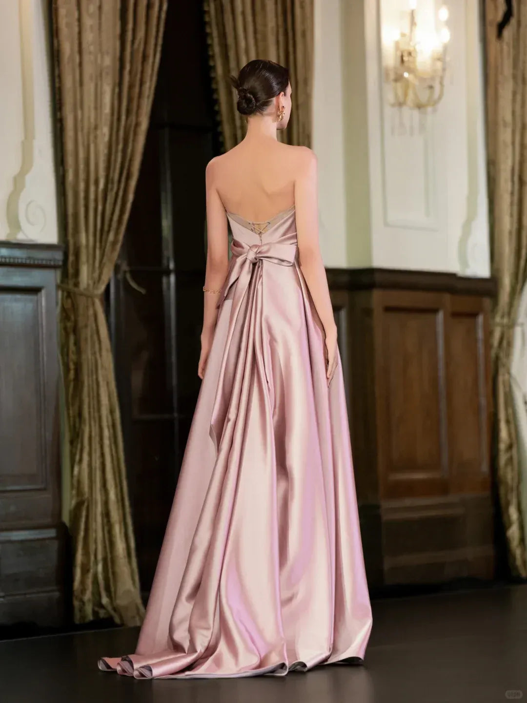 Romantic A-Line Strapless 3D Rose Applique Blush Pink Satin Gown