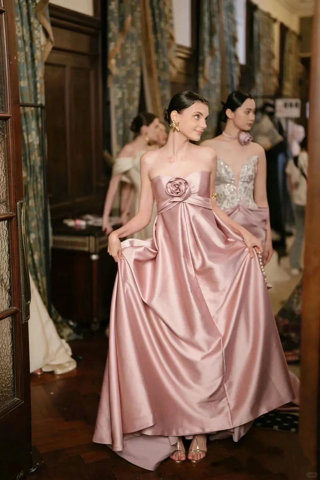 Romantic A-Line Strapless 3D Rose Applique Blush Pink Satin Gown
