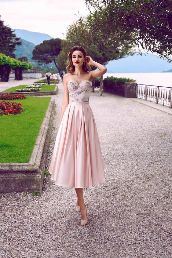 Romantic A-Line Strapless Floral Blush Pink Satin Midi Dress