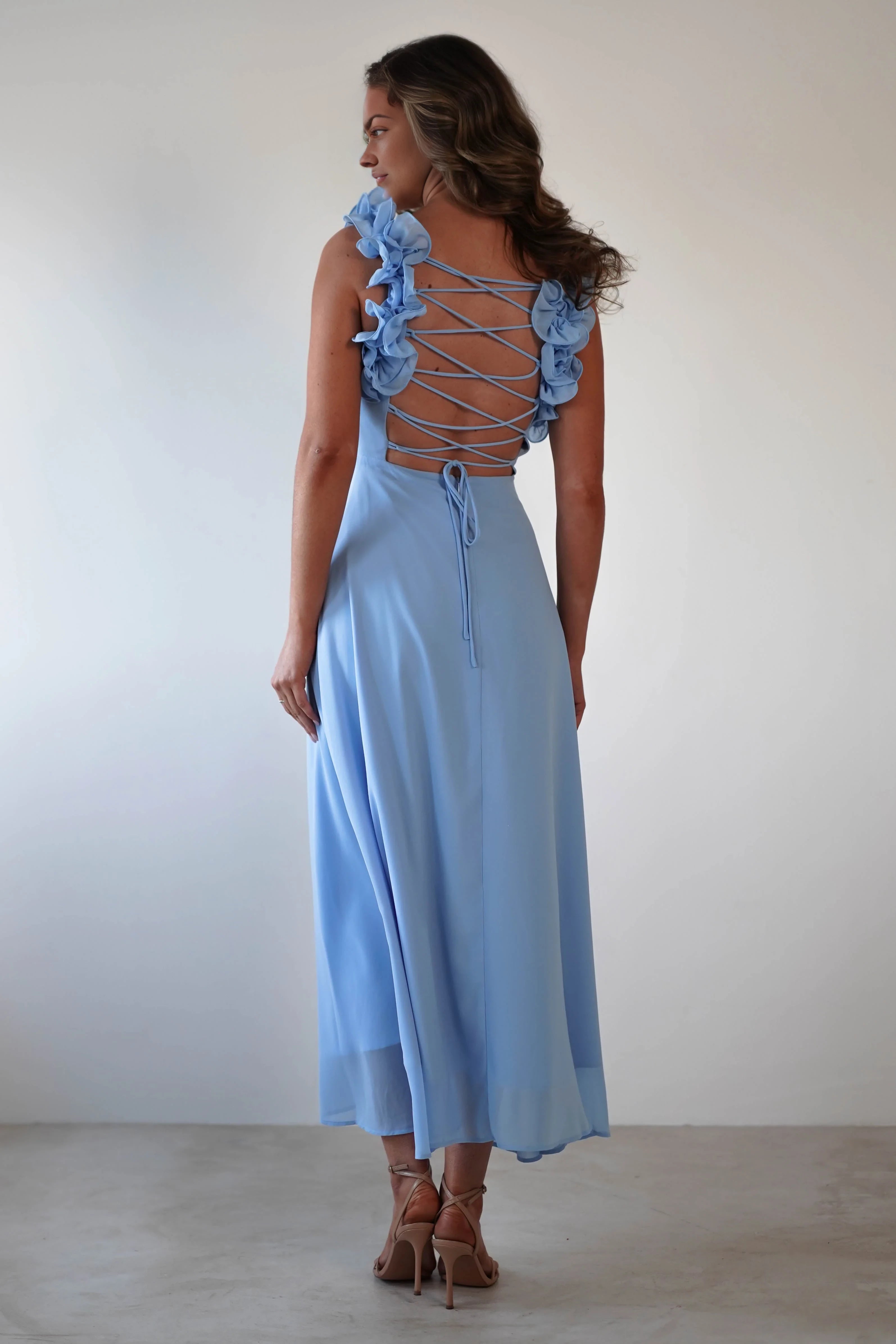 Romantic A-Line V Neck Sleeveless Crisscross Back Ankle-Length Prom Dress