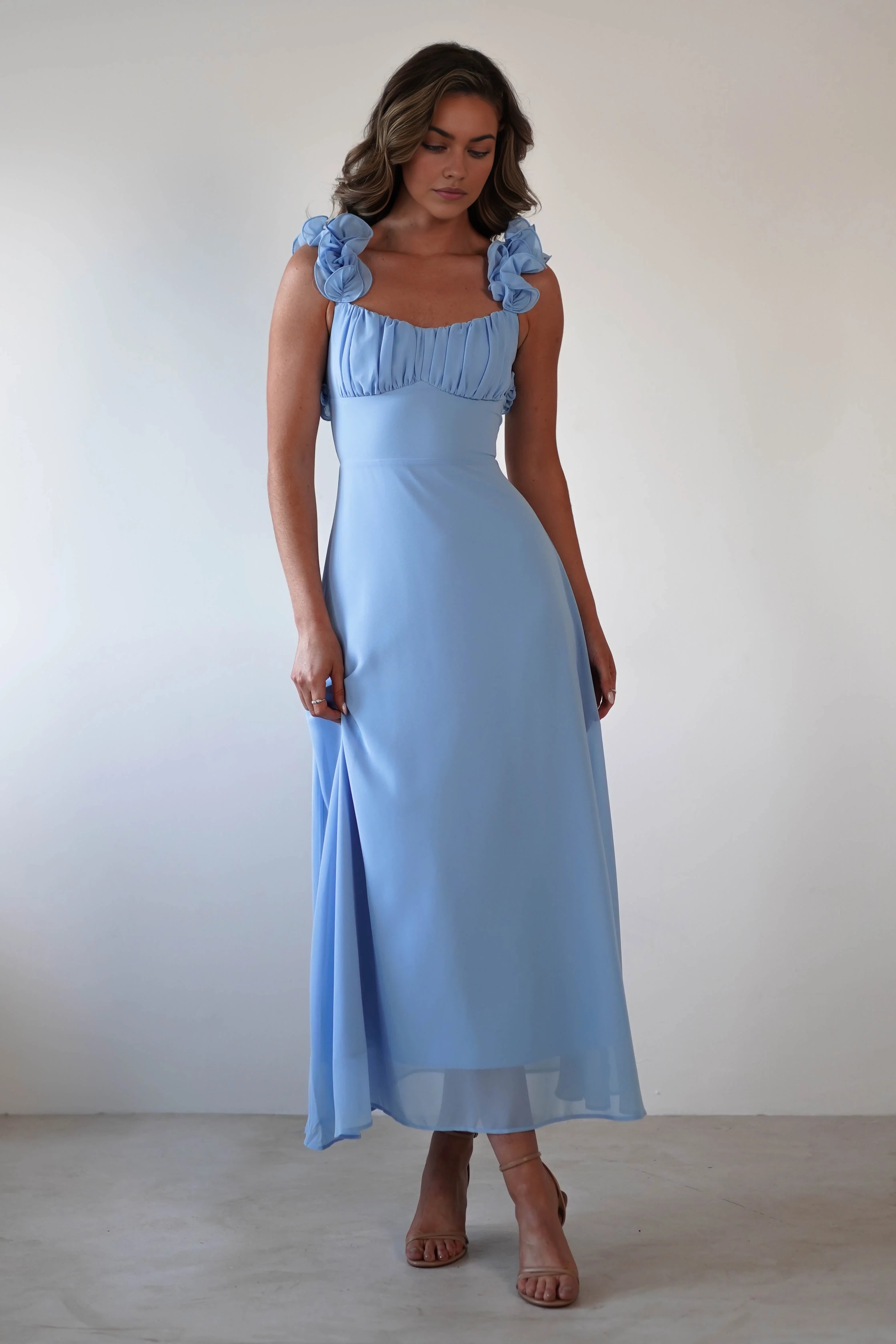 Romantic A-Line V Neck Sleeveless Crisscross Back Ankle-Length Prom Dress