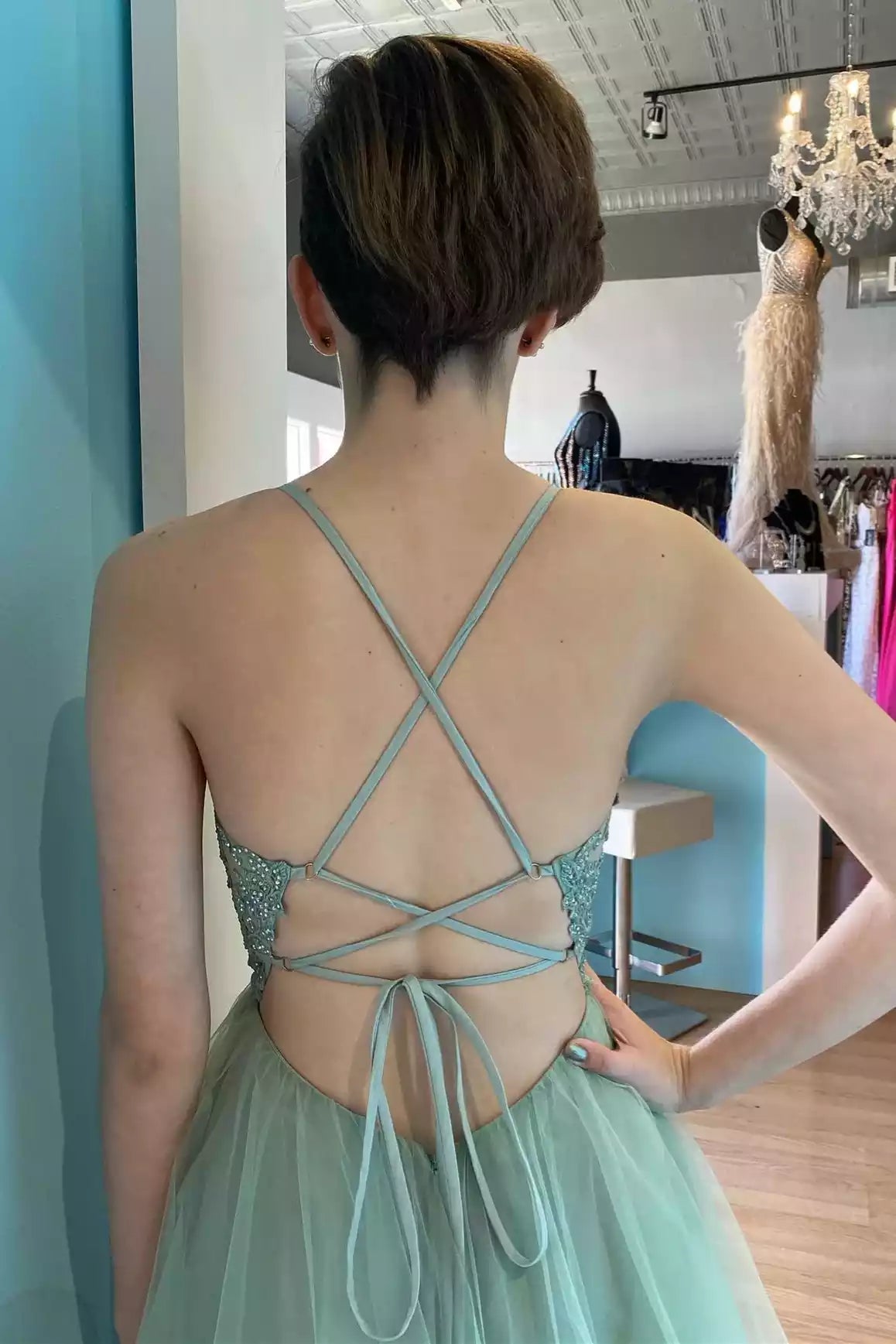 Romantic A-line Spaghetti-Strap Crisscross-Back Floor-Length Prom Gown