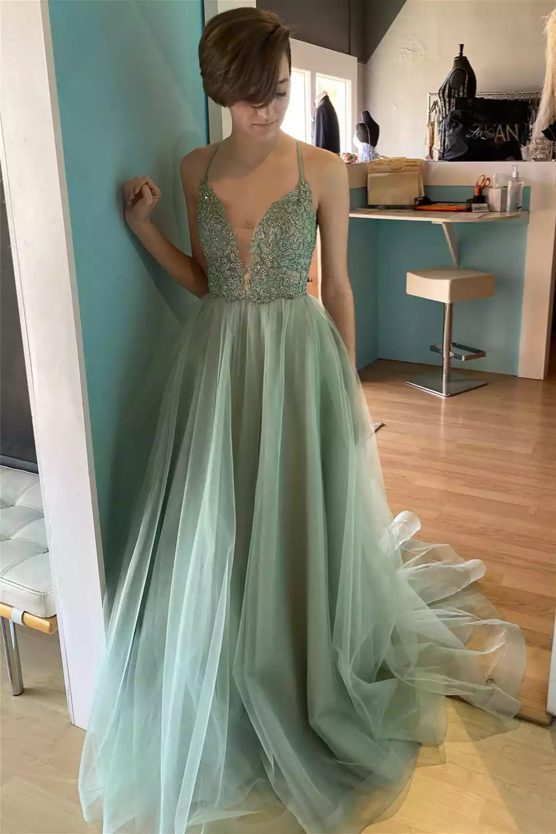 Romantic A-line Spaghetti-Strap Crisscross-Back Floor-Length Prom Gown