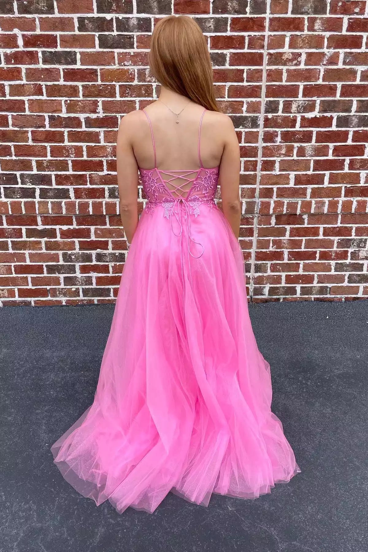 Romantic A-line Spaghetti-Strap Lace-Bodice Slit Floor-Length Prom Gown