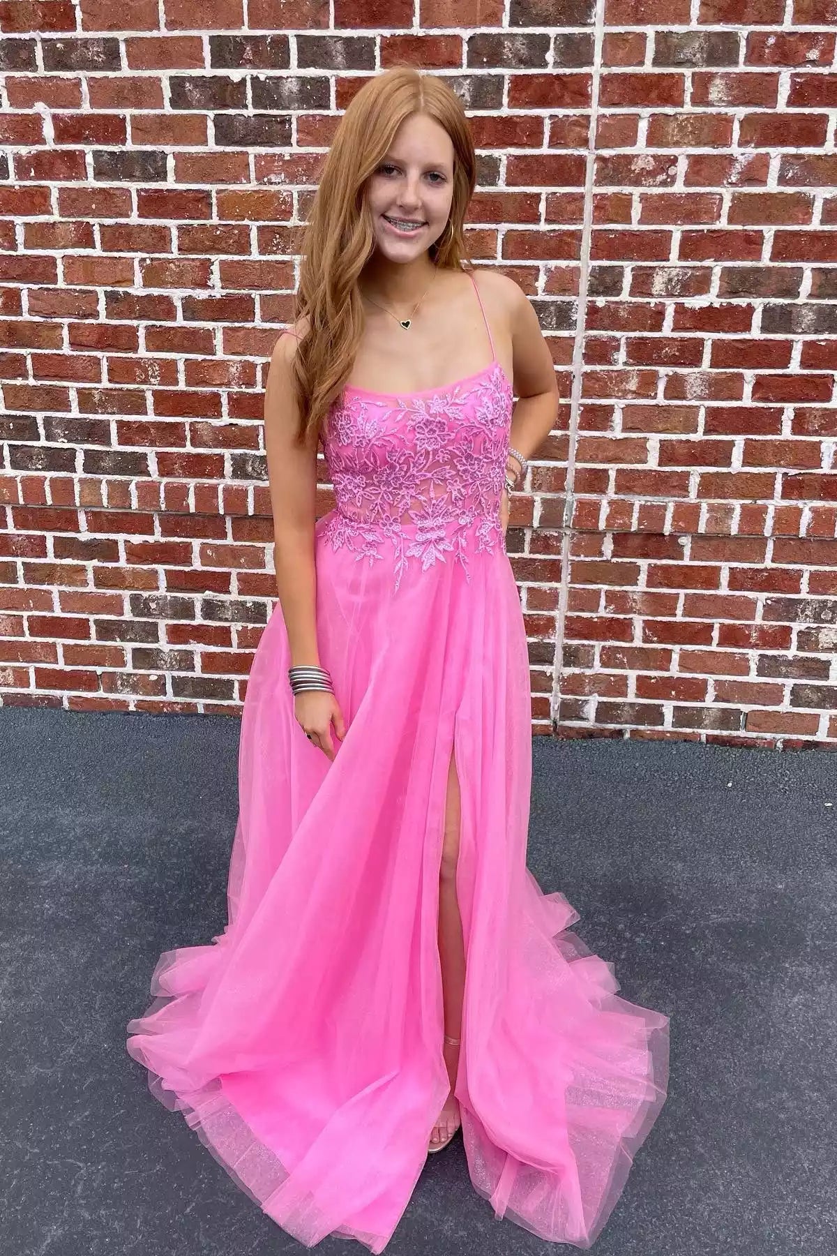 Romantic A-line Spaghetti-Strap Lace-Bodice Slit Floor-Length Prom Gown