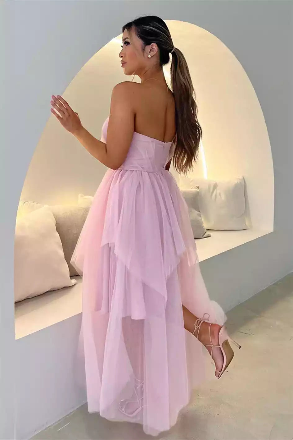 Romantic A-line Strapless Tiered-Skirt Slit Floor-Length Formal Gown