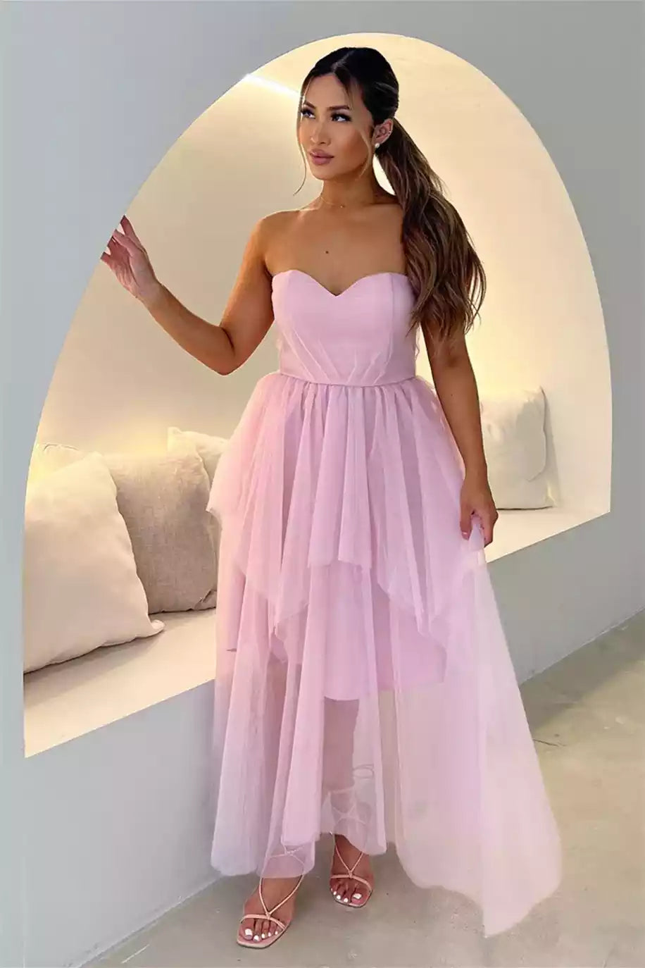 Romantic A-line Strapless Tiered-Skirt Slit Floor-Length Formal Gown