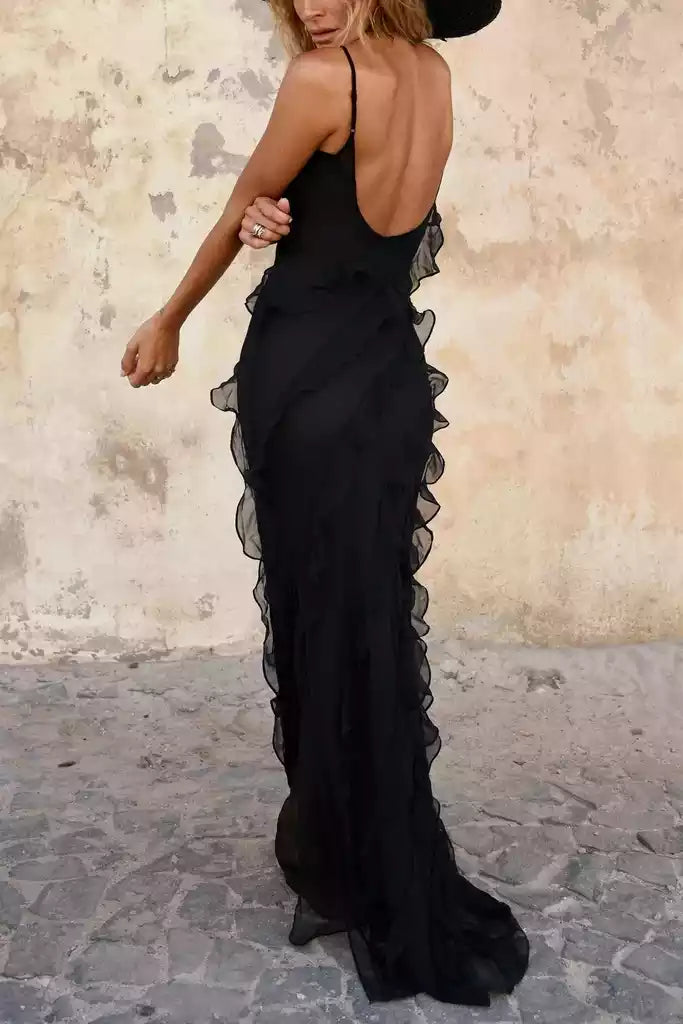 Romantic Black Chiffon Ruffle Gown with Spaghetti Straps & Open Back