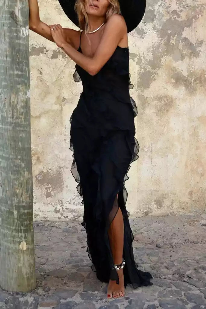 Romantic Black Chiffon Ruffle Gown with Spaghetti Straps & Open Back