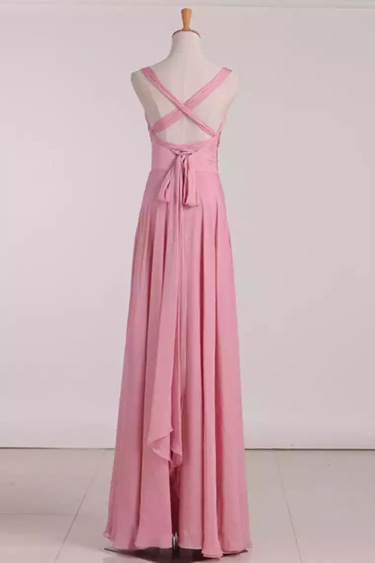 Romantic Blush Chiffon Gown with Cross-Back & Ruched V-Neck