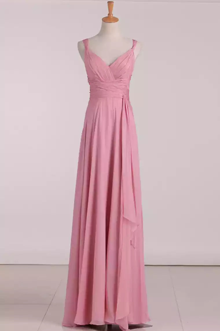 Romantic Blush Chiffon Gown with Cross-Back & Ruched V-Neck