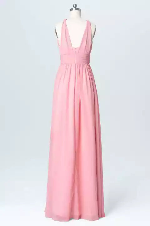 Romantic Blush Chiffon Gown with Cross-Halter Ruched Bodice & Open V-Back