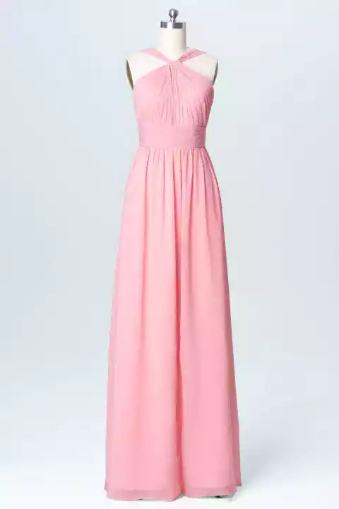 Romantic Blush Chiffon Gown with Cross-Halter Ruched Bodice & Open V-Back