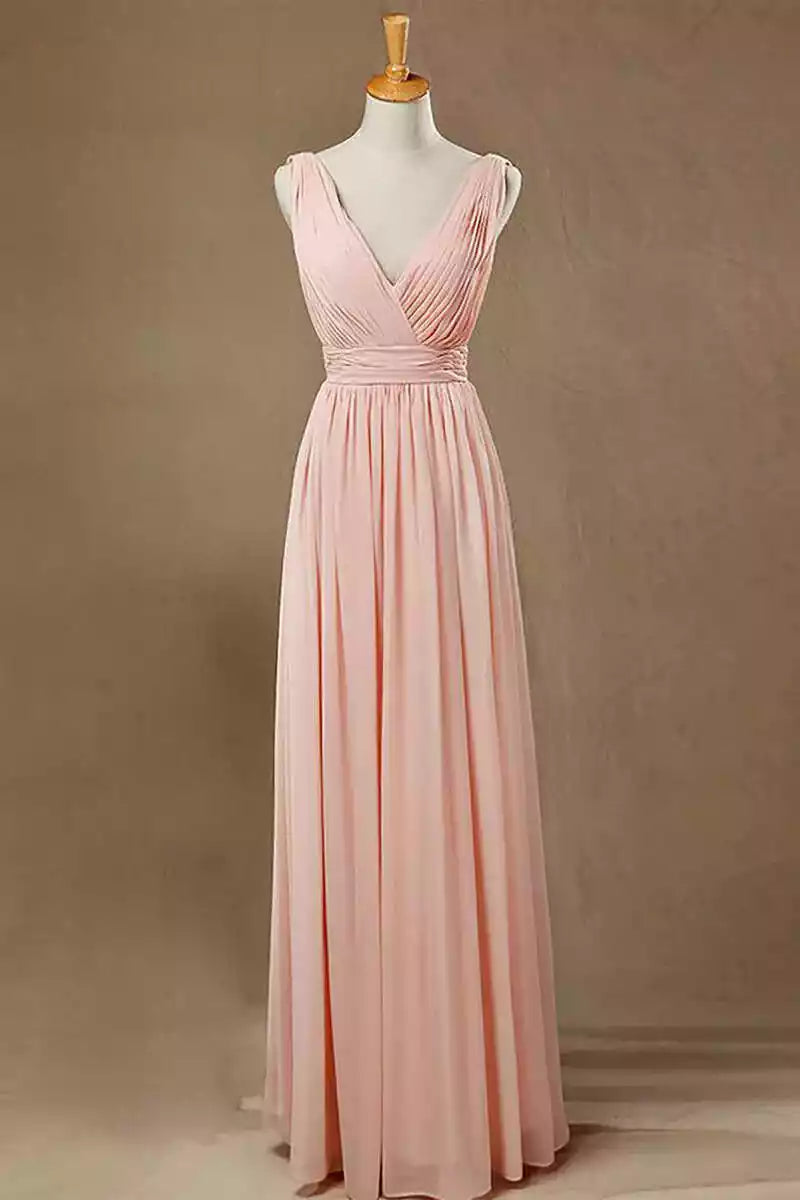 Romantic Blush Chiffon Gown with Deep V-Neck & Plunging V-Back