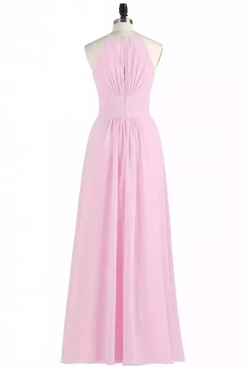 Romantic Blush Chiffon Gown with Halter Neck & Ruched Bodice