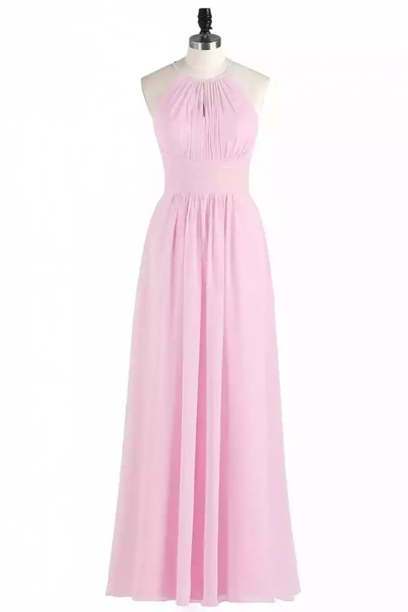 Romantic Blush Chiffon Gown with Halter Neck & Ruched Bodice