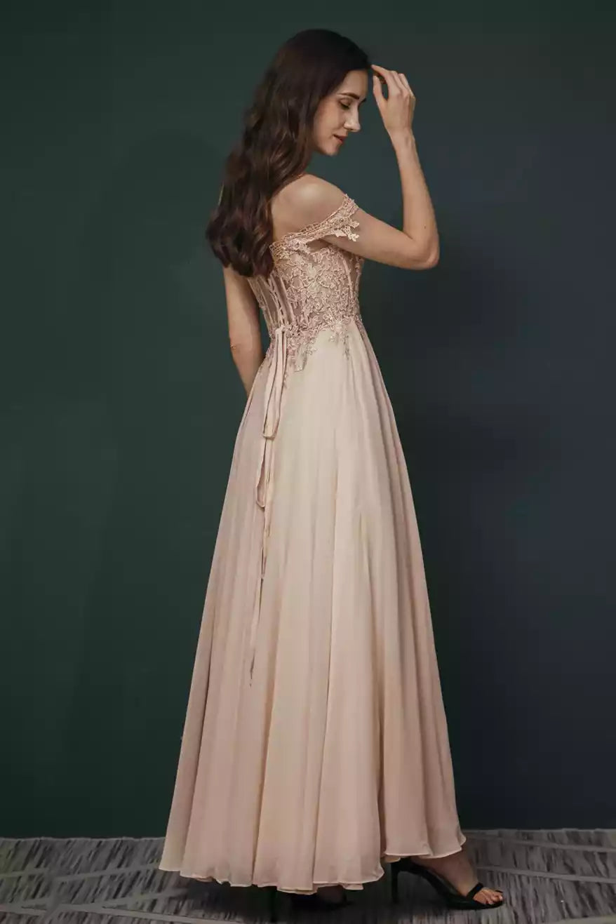 Romantic Blush Chiffon Gown with Off-the-Shoulder Lace Bodice & Lace-Up Back