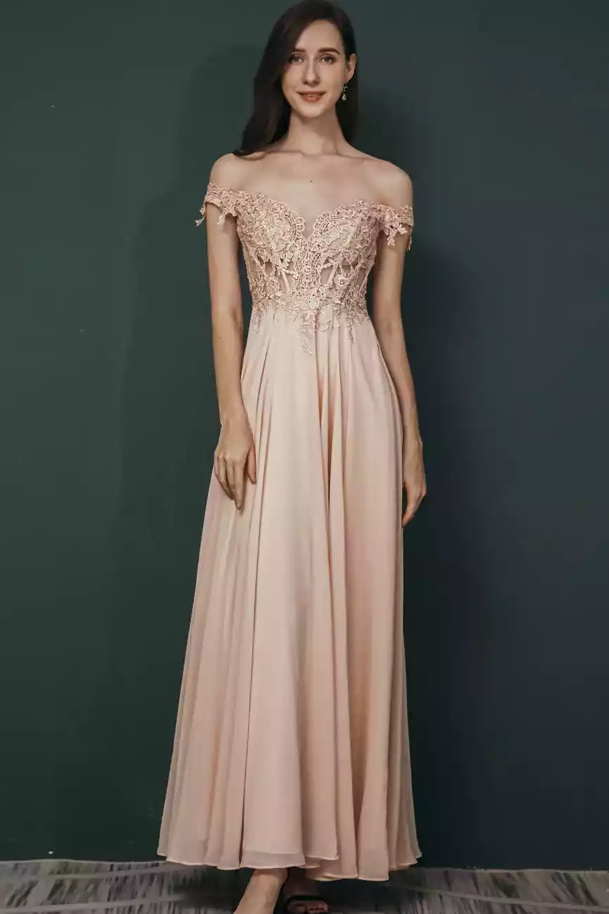 Romantic Blush Chiffon Gown with Off-the-Shoulder Lace Bodice & Lace-Up Back