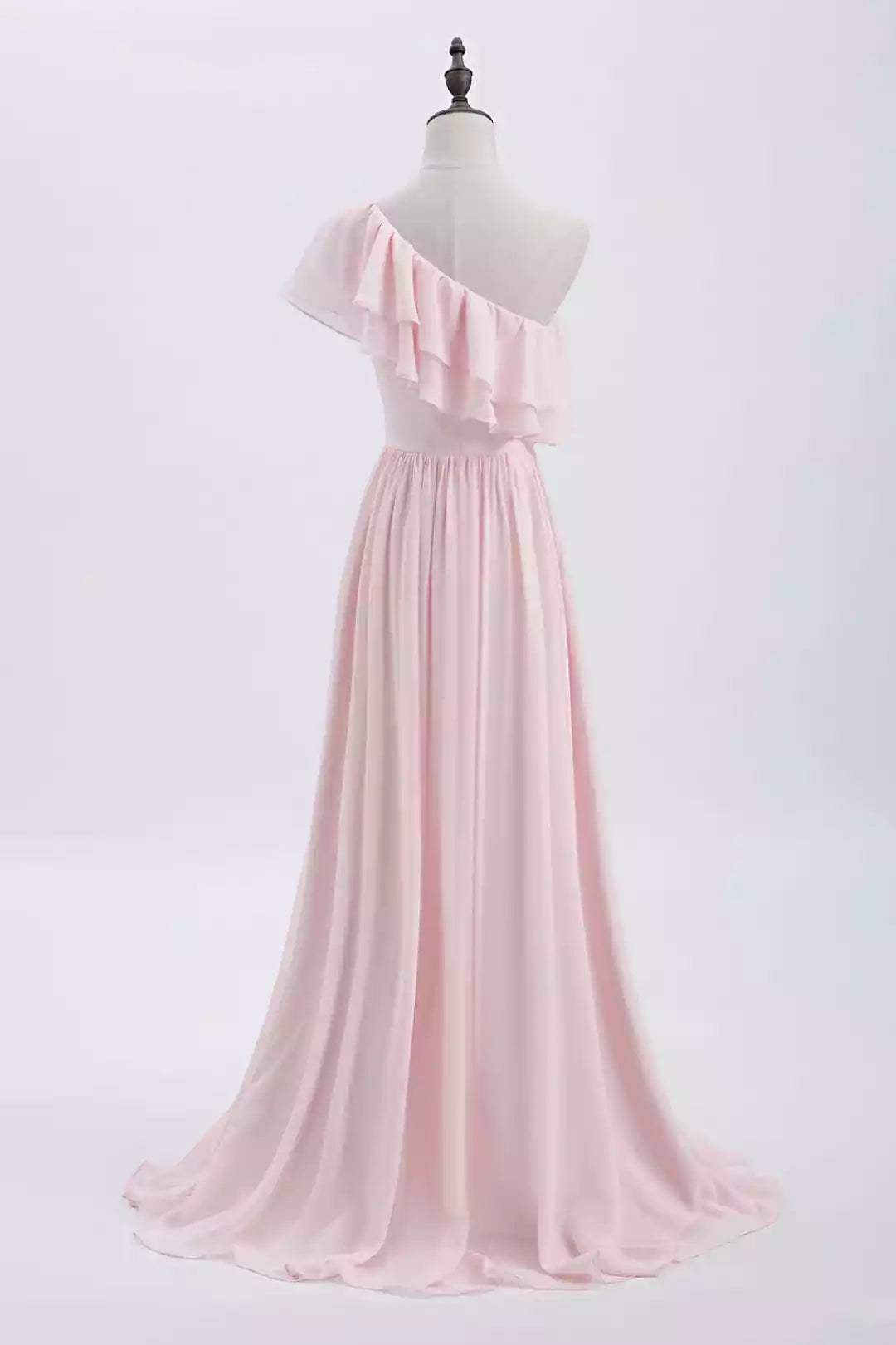 Romantic Blush Chiffon Gown with One-Shoulder Ruffle Detail & Flowing Train