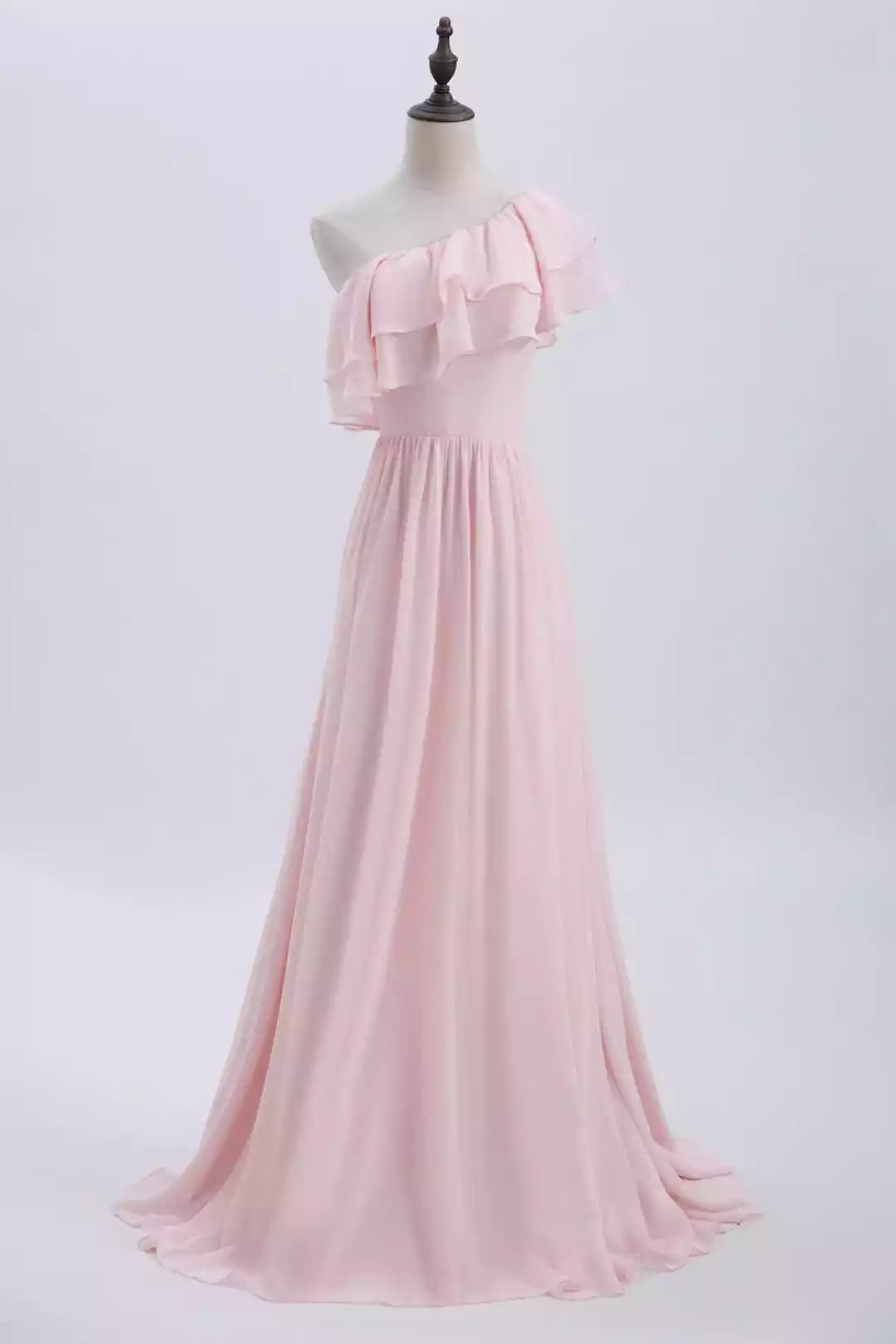 Romantic Blush Chiffon Gown with One-Shoulder Ruffle Detail & Flowing Train