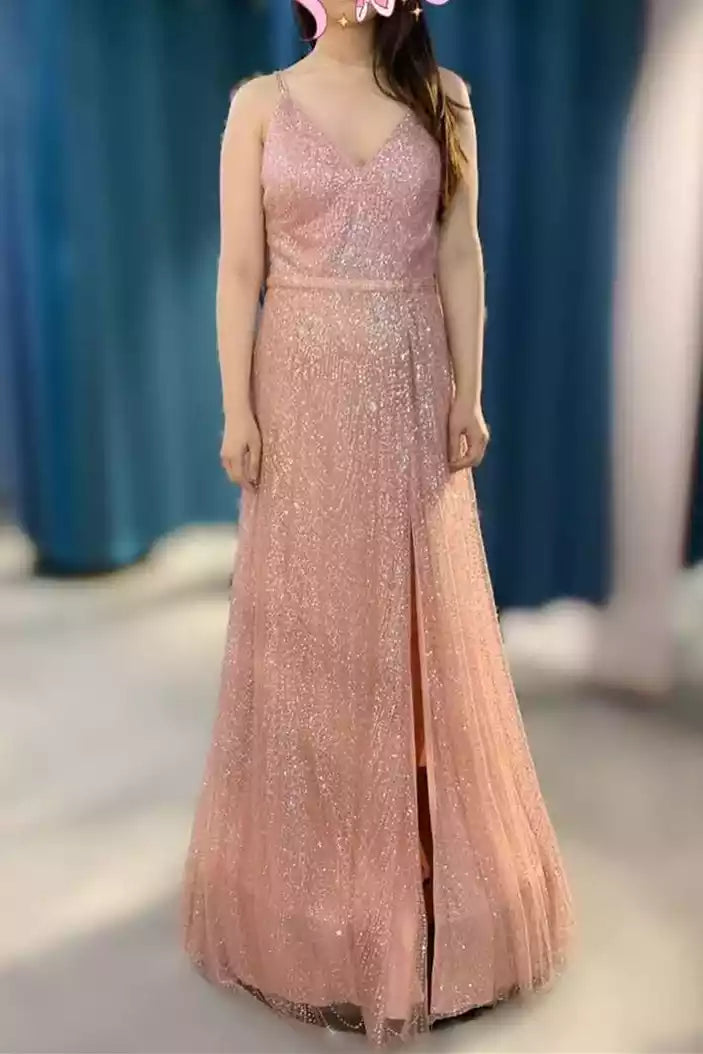 Romantic Blush Glitter Gown with Plunging V-Neckline & Crisscross Back