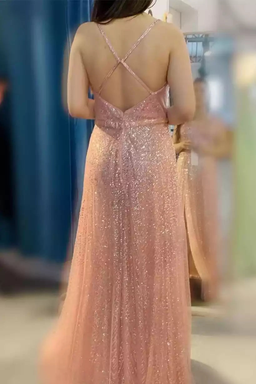 Romantic Blush Glitter Gown with Plunging V-Neckline & Crisscross Back