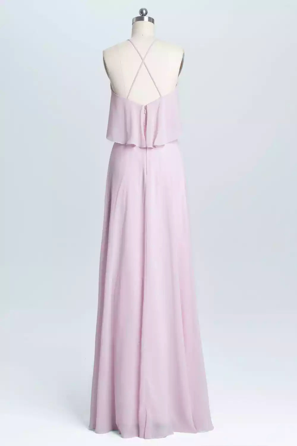 Romantic Blush Lavender Chiffon Gown with Halter Ruffle Overlay & Sequin Waist