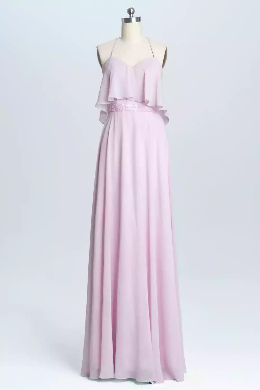 Romantic Blush Pink Chiffon Gown with Crisscross Halter & Ruffled Bodice