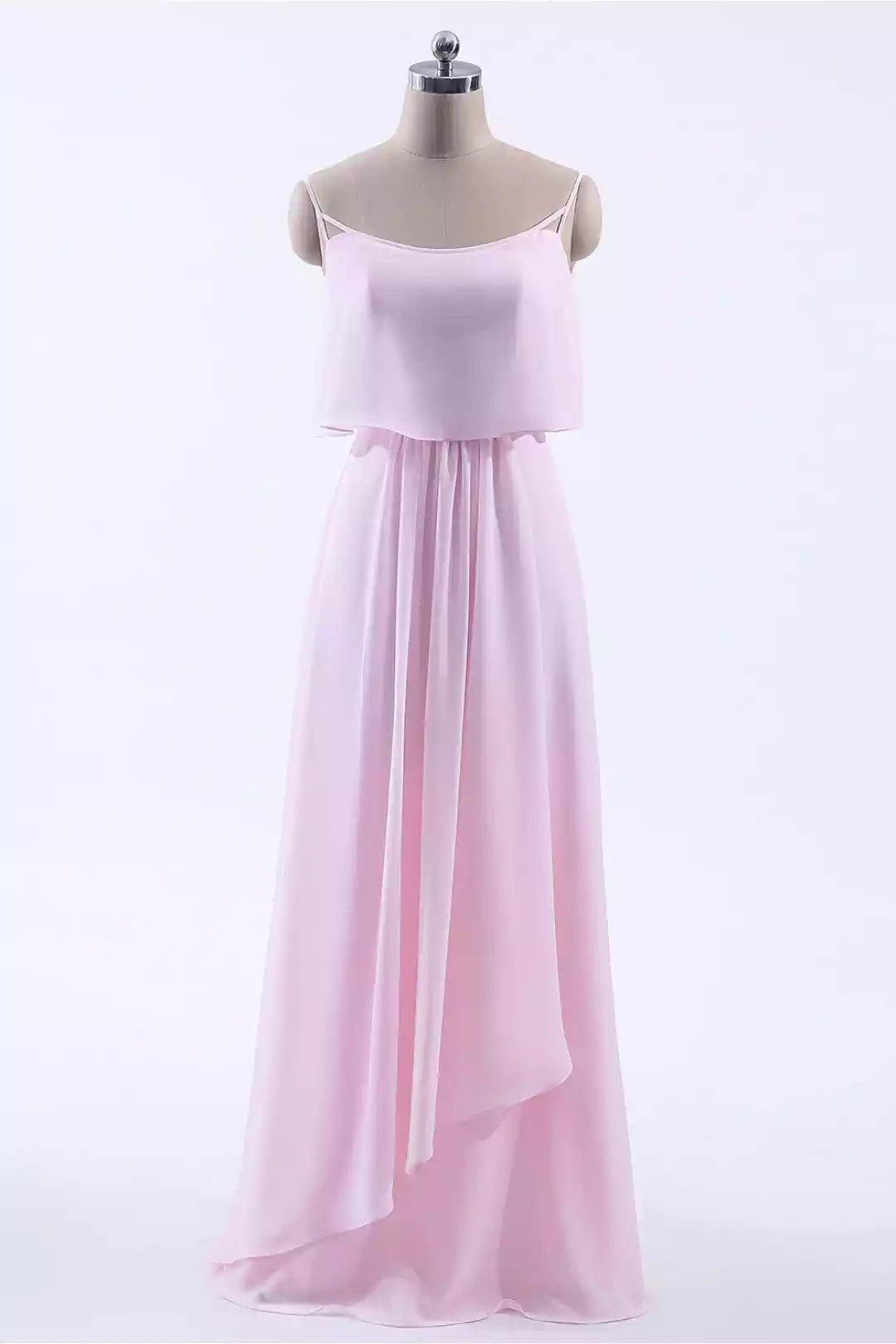 Romantic Blush Pink Chiffon Gown with Layered Bodice & Open Back