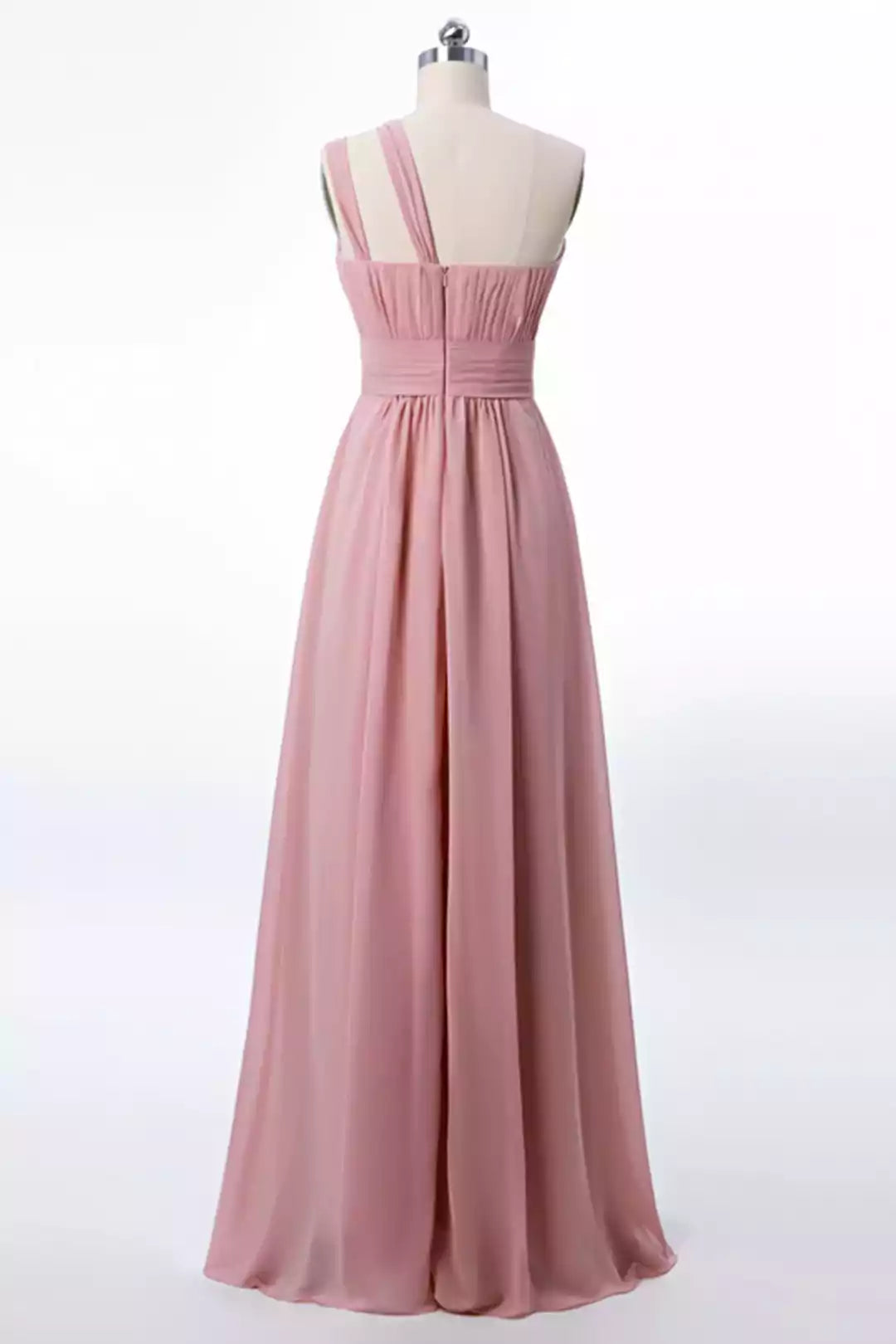 Romantic Blush Pink Chiffon Gown with One-Shoulder Bodice & Ruched Detail