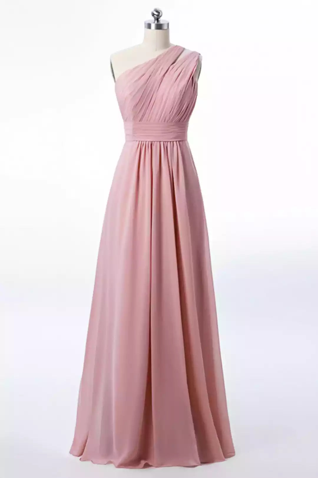 Romantic Blush Pink Chiffon Gown with One-Shoulder Bodice & Ruched Detail
