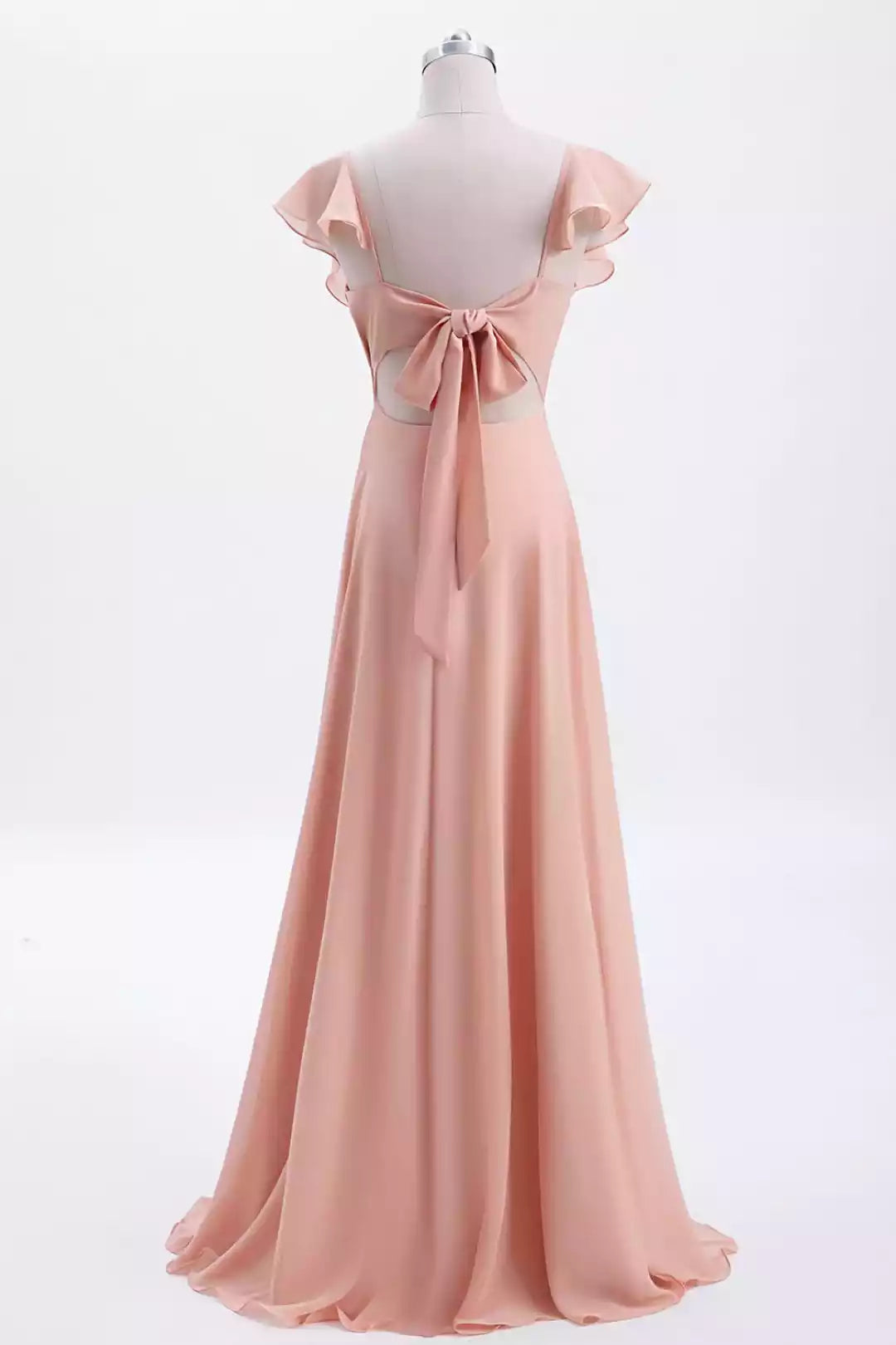 Romantic Blush Pink Chiffon Gown with Ruffled Sleeves & Keyhole Back