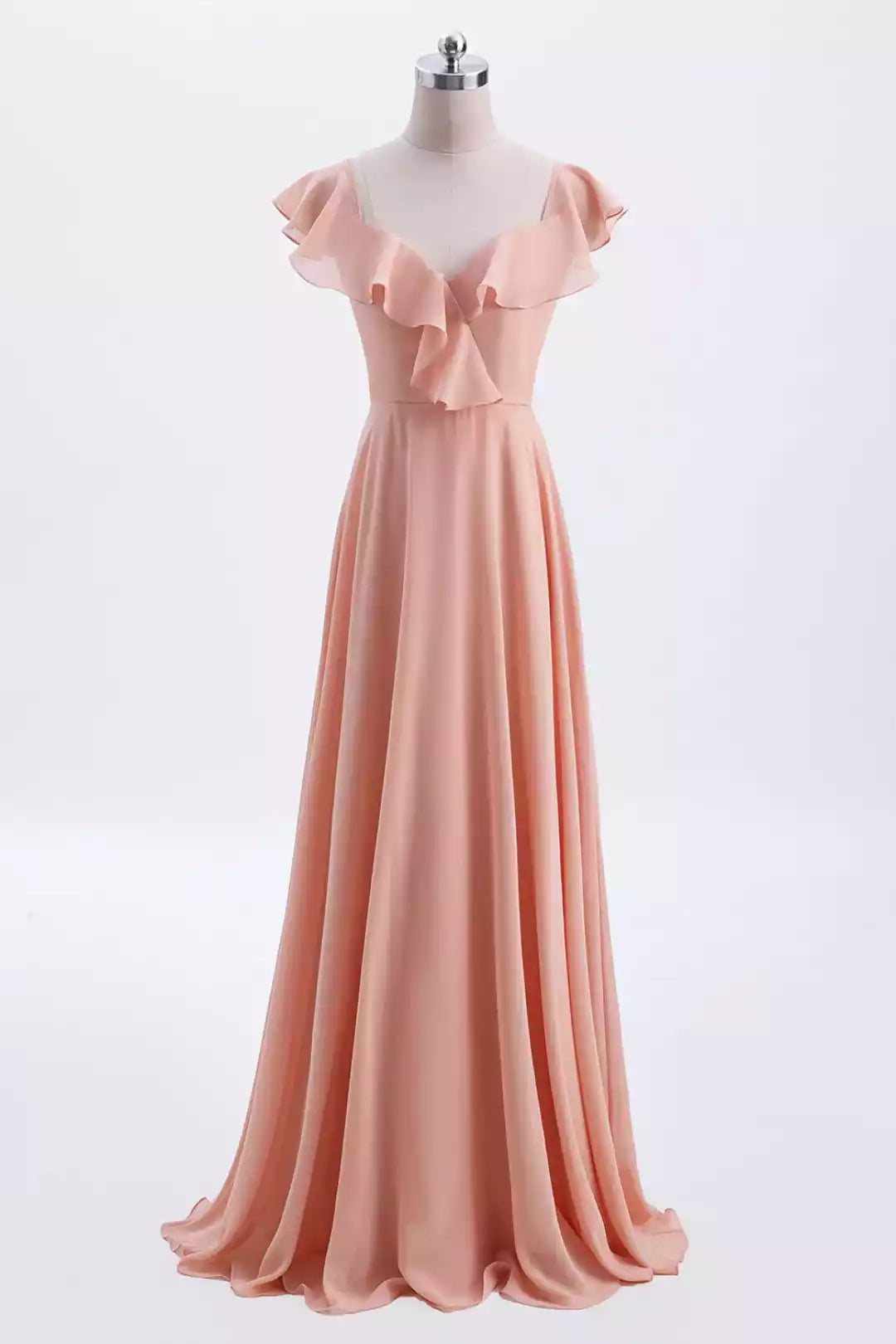 Romantic Blush Pink Chiffon Gown with Ruffled Sleeves & Keyhole Back