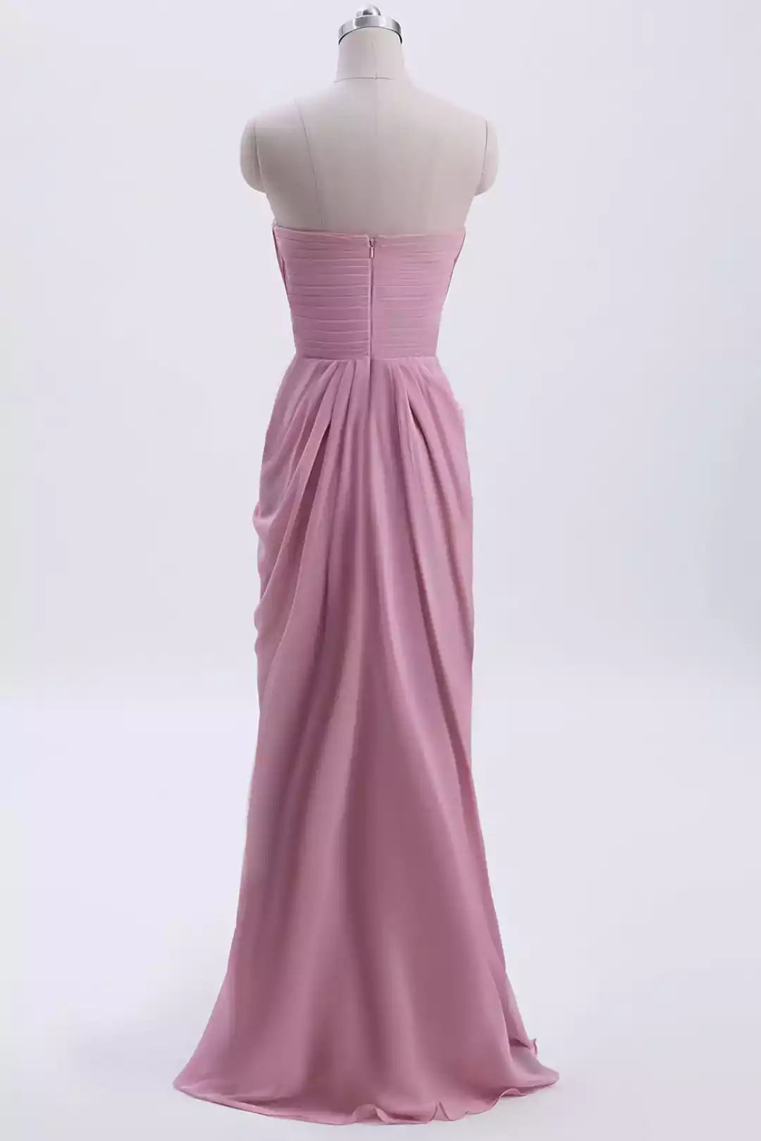 Romantic Blush Pink Chiffon Gown with Strapless Ruched Bodice & Beaded Accent